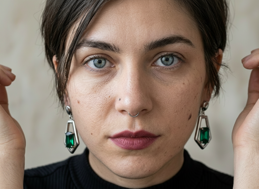 Portret kobiety o typie urody chłodna zima z krótkimi włosami, niebieskimi oczami i wyrazistą szminką.